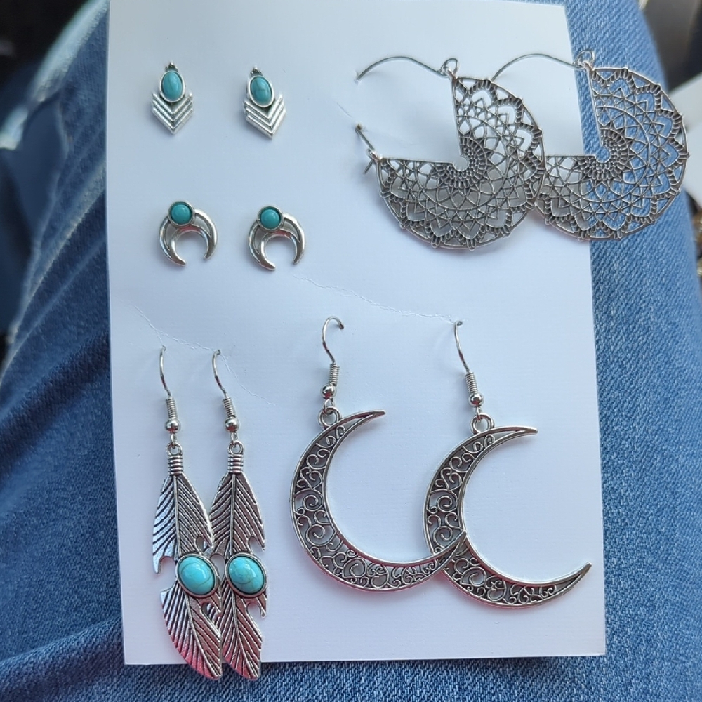 Set Of 5 Pairs Of Silver Tone Earrings